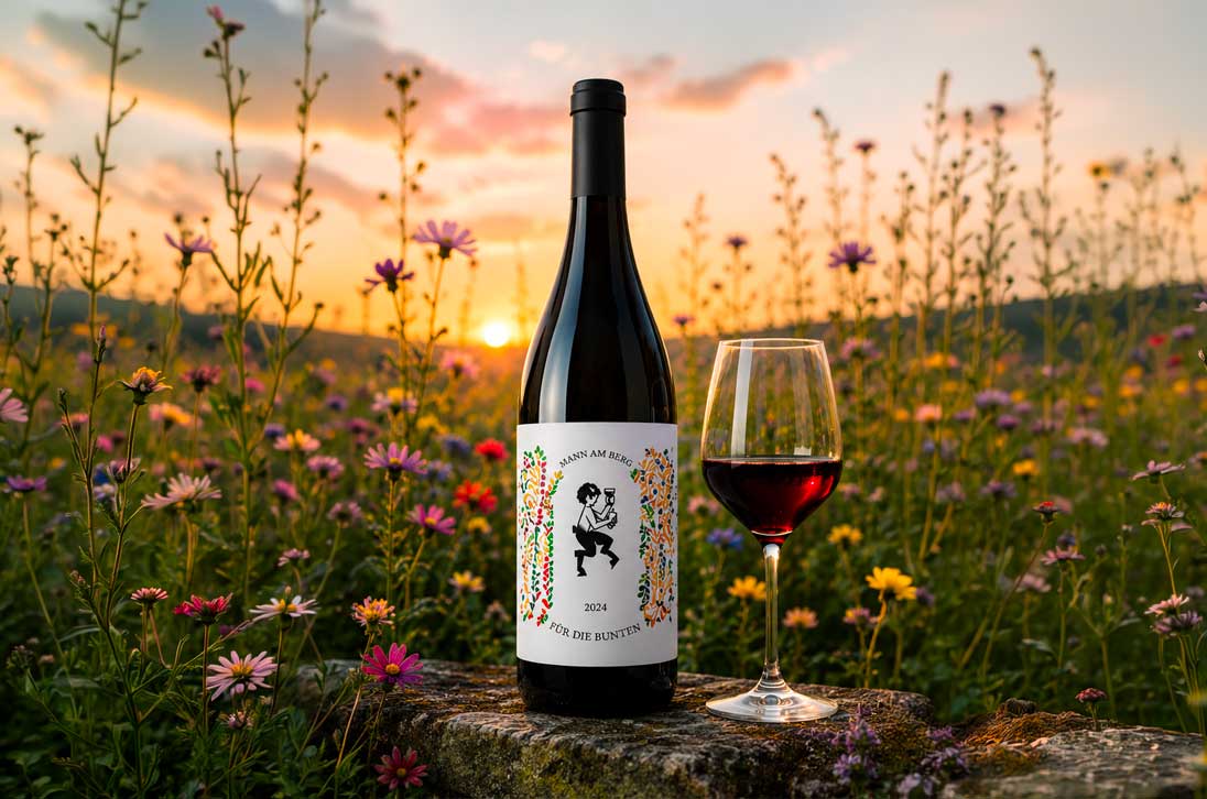 Für die Bunten von MANN AM BERG – nachhaltiger PIWI-Rotwein in einer blühenden Wildblumenwiese bei Sonnenuntergang.