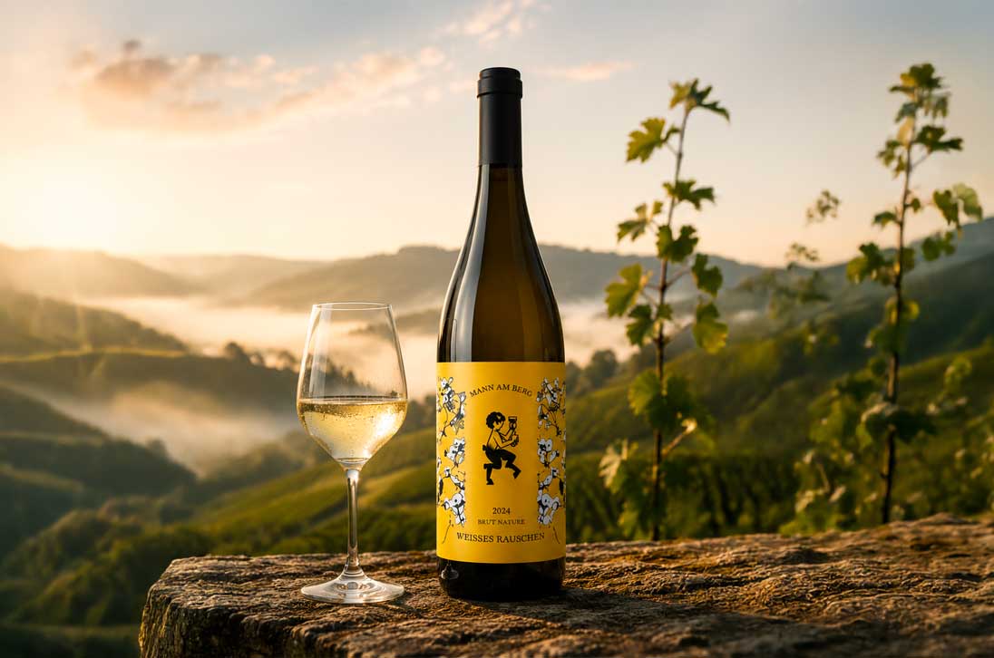 Weißes Rauschen von MANN AM BERG – Pétillant Naturel aus Bronner und Souvignier Gris auf einer Natursteinmauer mit Blick über die Weinberge des Kraichgaus.
